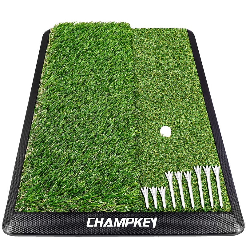CHAMPKEY Dual-Turf Golf Hitting Mat | Come with 9 Golf Tees & 1 Rubber Tee | Heavy Duty Rubber Backing Golf Practice Mat Ideal for Indoor & Outdoor Trainingï¼ˆ13"x17", LITE Versionï¼‰ - Image 1